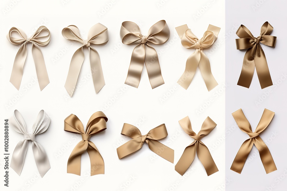 Collection of handmade romantic ribbon bow tie and linen tape bow. Set of of eco-friendly decor from recycled material. Isolated on white background. Nostalgic scrapbooking style Collection of handmade romantic ribbon bow tie and linen tape bow. Set of of eco-friendly decor from recycled material. Isolated on white background. Nostalgic scrapbooking style
