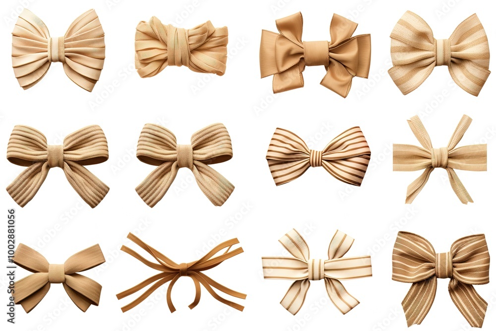 Collection of handmade romantic ribbon bow tie and linen tape bow. Set of of eco-friendly decor from recycled material. Isolated on white background. Nostalgic scrapbooking style Collection of handmade romantic ribbon bow tie and linen tape bow. Set of of eco-friendly decor from recycled material. Isolated on white background. Nostalgic scrapbooking style