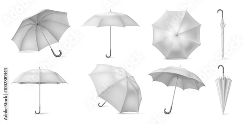 Umbrellas collection, isolated open and closed parasols. Vector handheld device for protection from rain, sunlight and snow. Fabric canopy stretched over collapsible frame of ribs. Fashionable item