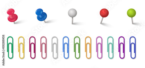 Metal pins and paper clips in realistic design. Vector illustration of office paperclips, stationery trivia. Stationery fasteners. Buttons for pinning map, reminders to noticeboard
