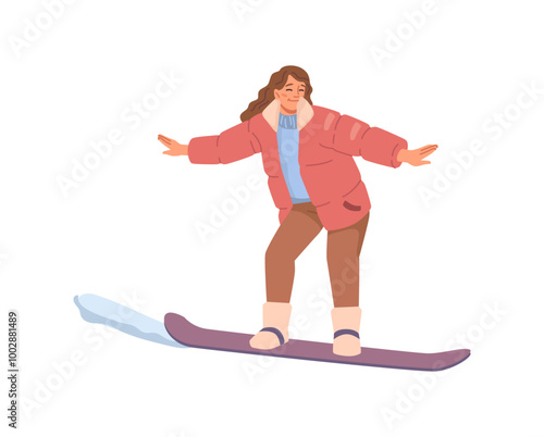 Woman on skateboard cartoon person doing winter sport activities and having fun at wintertime. Cute girl in warm winter clothing outside, extreme rest, skateboarding character vector illustration