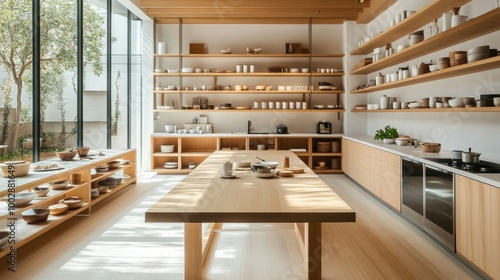 Sleek kitchen with a central wooden table, modern appliances, and open shelving. The minimalist design is complemented by light wood and white accents.