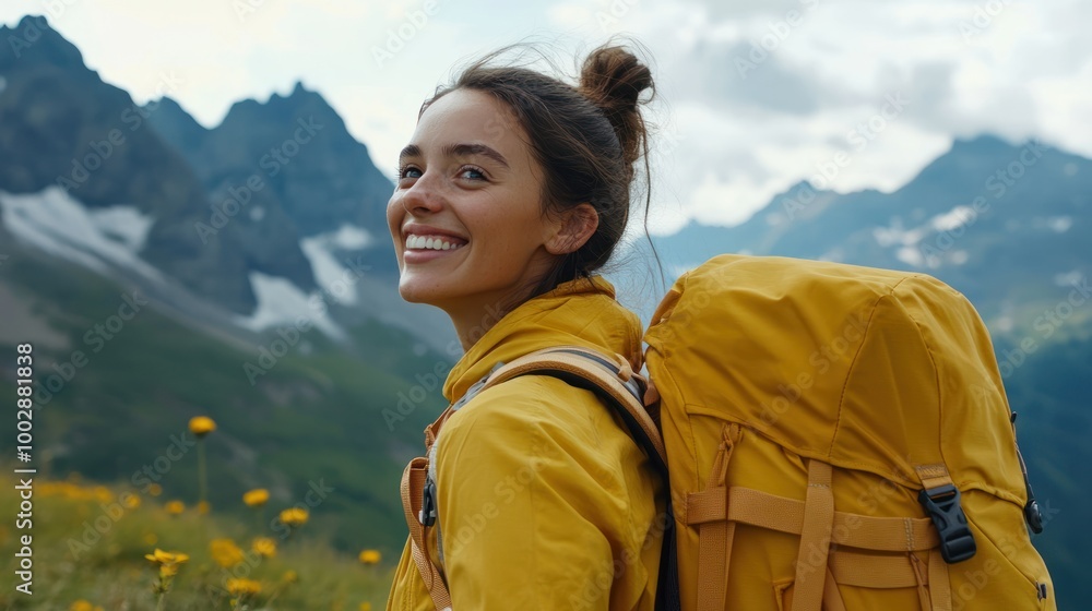 A smiling traveler in a yellow jacket and backpack enjoys a scenic mountain landscape. A smiling traveler in a yellow jacket and backpack enjoys a scenic mountain landscape.