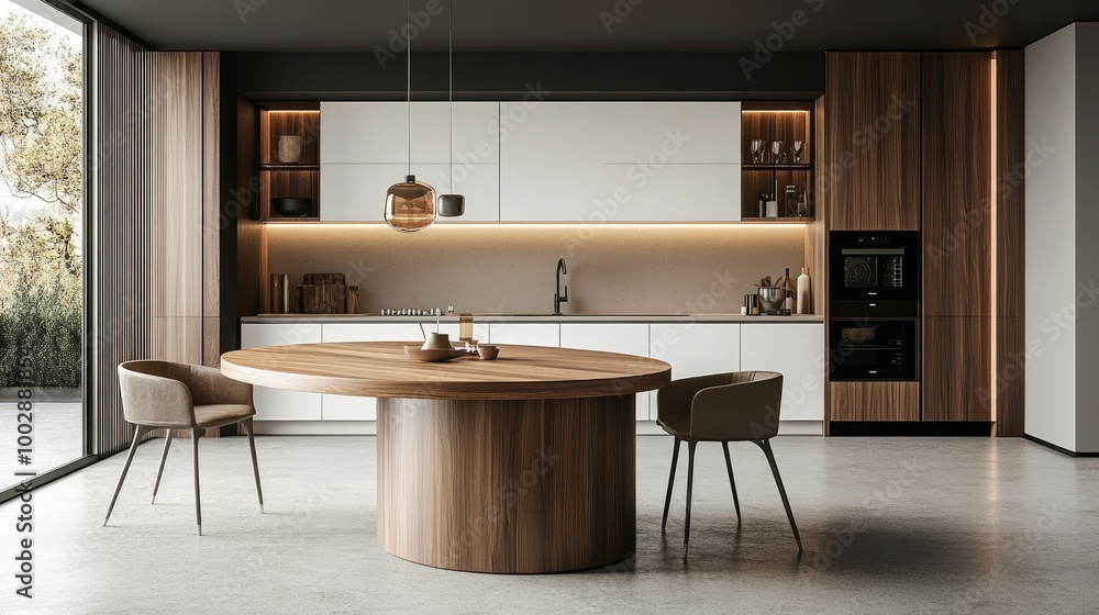 Spacious kitchen with a sleek minimalist wooden table, white cabinets, and top-of-the-line amenities. The central table serves as both a dining and gathering space. Spacious kitchen with a sleek minimalist wooden table, white cabinets, and top-of-the-line amenities. The central table serves as both a dining and gathering space.