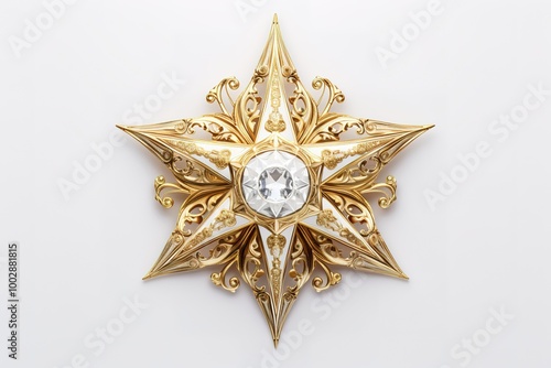 Golden Christmas Star isolated on white Background. Top View Close-Up Gold Star render