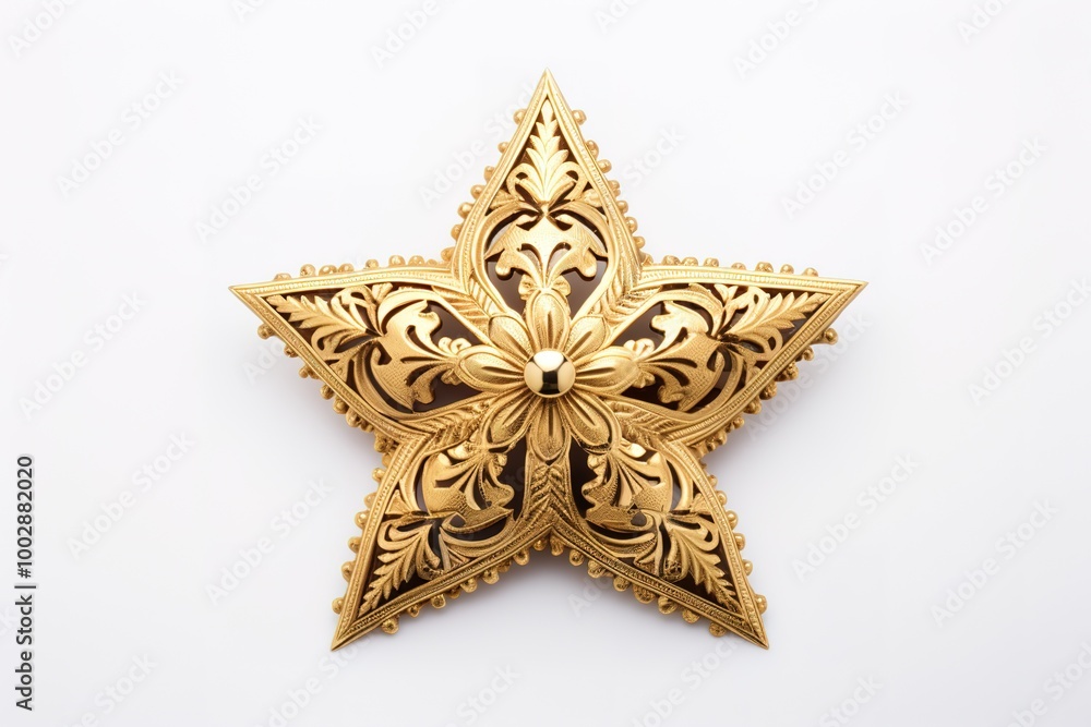 Fototapeta premium Golden Christmas Star isolated on white Background. Top View Close-Up Gold Star render