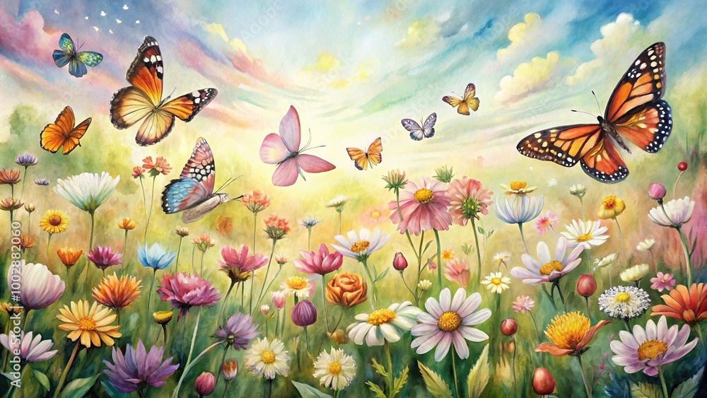 A watercolor painting of a butterfly-filled field of flowers