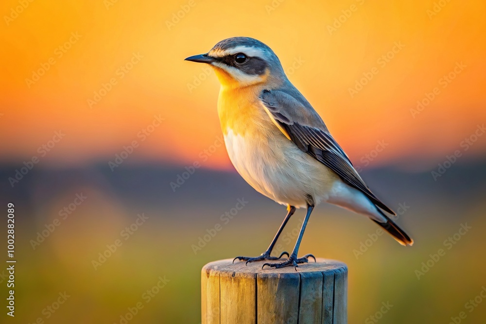 Fototapeta premium A Wheatear bird perched on a pole with a sunset background