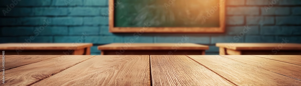 Wooden table in classroom with chalkboard in background. Wooden table in classroom with chalkboard in background.
