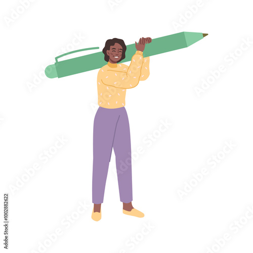 Woman with big pen in hands, copywriter or blogger. Girl with pencil, blogger or journalist, interviewer and screenwriter, draftsman or author human character