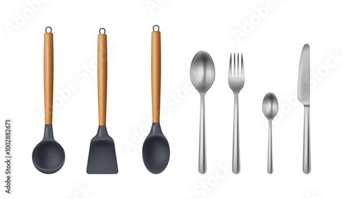 Kitchen cutlery for serving food and cooking meal. Vector isolated wooden handles with silicone or plastic, stainless steel spoon and fork, knife for desserts or main course in restaurant