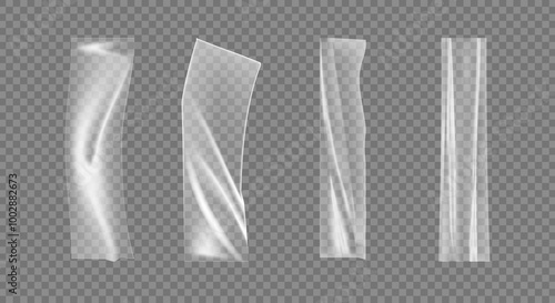 Plastic transparent strip or duct tape. Vector isolated set of translucent material for crafts. Stipes with glued and wrinkled texture, crumpled surface of folded and bend pieces or wraps