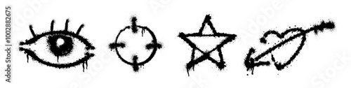 Graffiti sprayed symbols and decoration. Vector isolated realistic spray street art from artists. Aim target and eye with lashes, star and heart with piercing arrow. Doodles and abstract composition