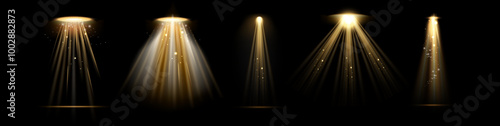 Concert or stage lighting, spotlights effect with glowing particles or shining dust. Vector realistic area or object illuminating with beams of light. Night dramatic view with lamps and reflectors