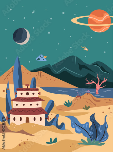 Space planet cartoon alien world with fairy house and plants, river and star in sky, shuttle in galaxy outer space, falling asteroid and shuttle, mountain and river, flat cartoon vector illustration