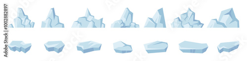 Iceberg collection. Vector melting glacial mass, glacier fragments, winter ice peaks. Frozen water in arctic oceans massive surface with underwater polar rocks Antarctic breaking away from coast