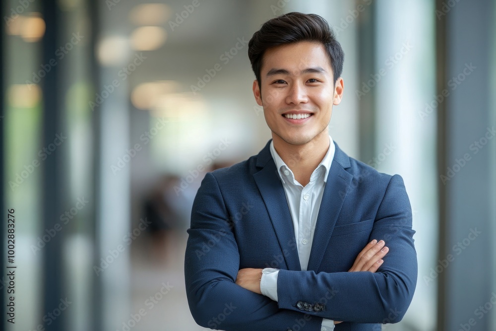 portrait of a cheerful asian in a business suit looks at the camera with crossed arms and smiles, Generative AI portrait of a cheerful asian in a business suit looks at the camera with crossed arms and smiles, Generative AI