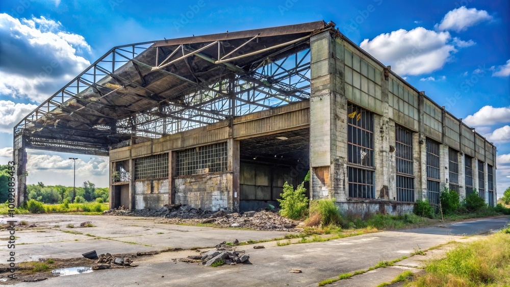 Abandoned building destroyed military base hangar Abandoned building destroyed military base hangar