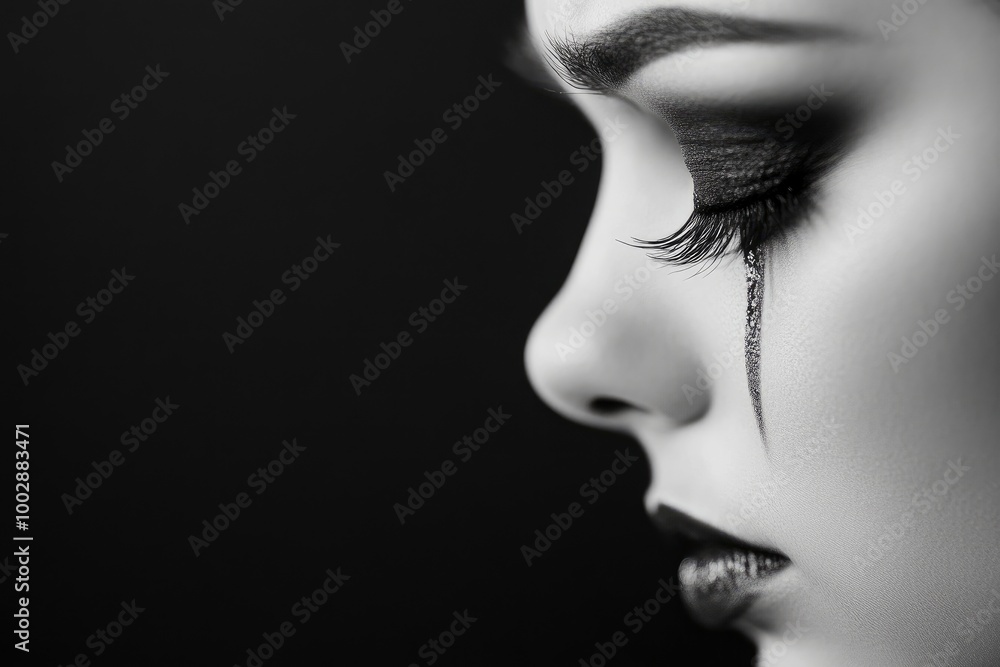 Black-and-white photograph of a beautiful woman with dark eye makeup, crying. Black-and-white photograph of a beautiful woman with dark eye makeup, crying.