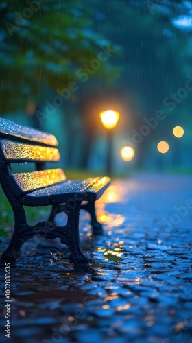 The night street lamp lit up the bench on an empty park path. Raindrops in puddles reflected the warm tones.