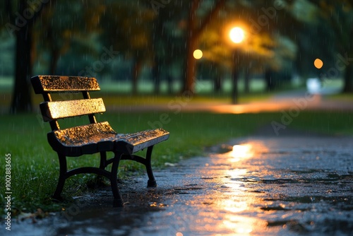 The night street lamp lit up the bench on an empty park path. Raindrops in puddles reflected the warm tones.