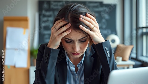 stress at work, emotional pressure, angry boss and tired unhappy woman employee