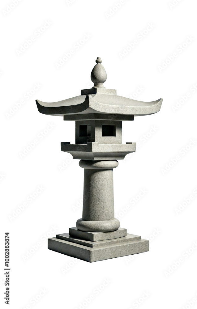 Square stone lantern with a curved roof, featuring minimalistic and symmetrical details. Transparent background Square stone lantern with a curved roof, featuring minimalistic and symmetrical details. Transparent background