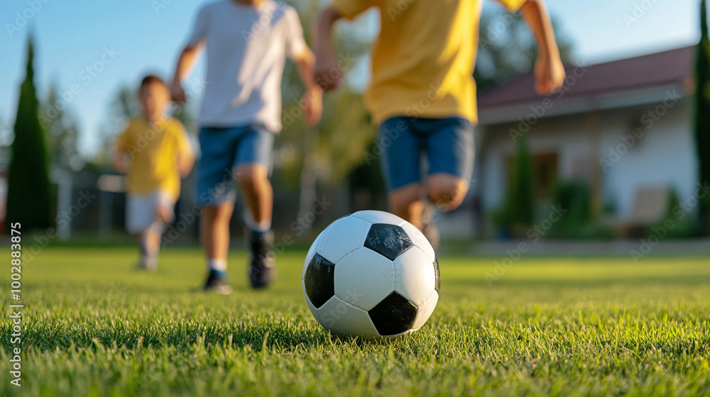 Family playing soccer in the backyard, active play,
Family playing soccer in the backyard, active play,