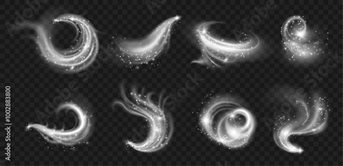 Effects of cold winter wind with snow and glowing particles. Vector icy blows or air steam motions with shining snowflakes and particles in shape of whirlwind and wave, spray and flow