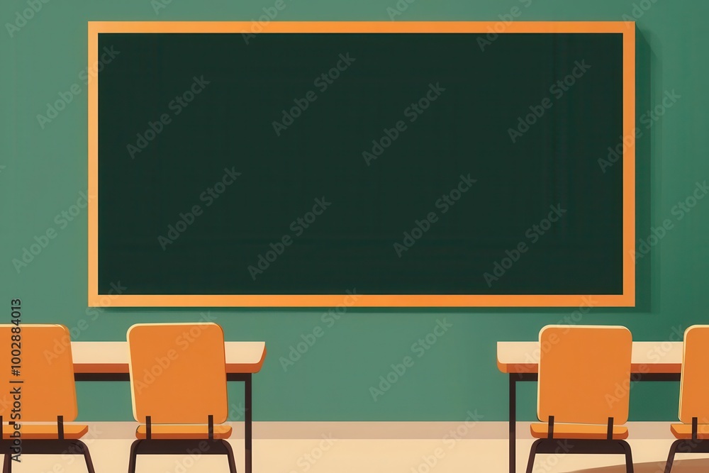 Classroom with orange chairs and green chalkboard, white background Classroom with orange chairs and green chalkboard, white background