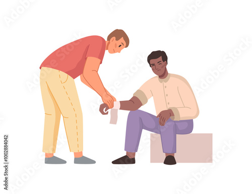 Man bandaging upper limb of patient, trauma of arm, injury of hand. First aid medical procedure, flat cartoon people, ambulance and emergency, rescue training scene