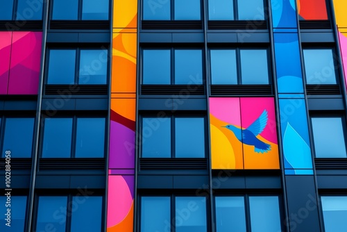 Bright, abstract mural with a bird and floral motifs, vibrant colors and bold patterns adding life to the sleek modern building facade photo