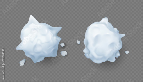 Snowballs set. Vector realistic snow splats, splashes and round white snowflakes collection. Winter holidays decoration element. Ball of ice, frozen snowy mass pile for playing outdoors game