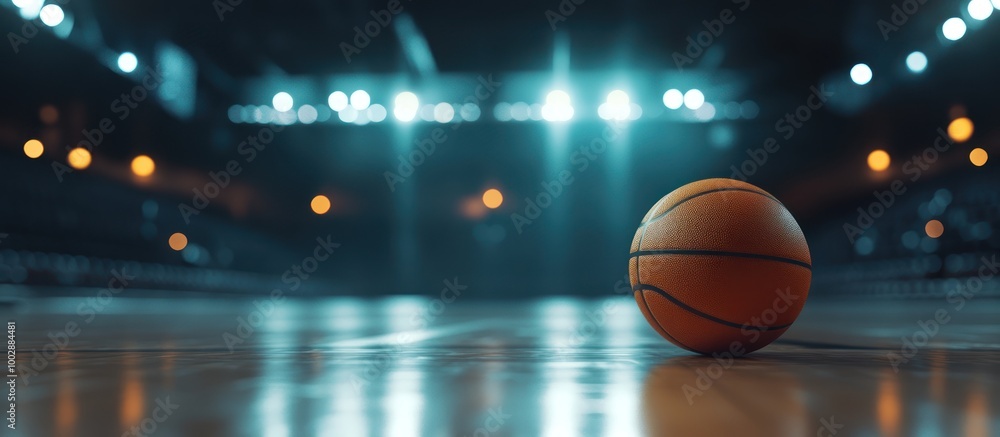 A basketball rests on a polished court, illuminated by dramatic lighting. A basketball rests on a polished court, illuminated by dramatic lighting.