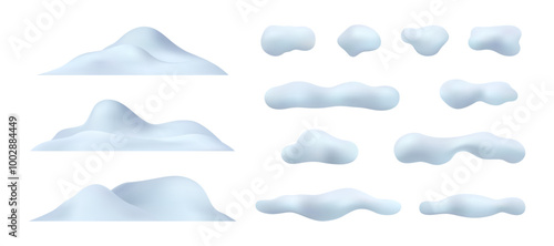 Winter snowdrift, isolated winter seasonal icy snowballs and piles. Vector realistic icons set, mountains peak or summit, snowfall and blizzard wintertime season and weather. Xmas decoration