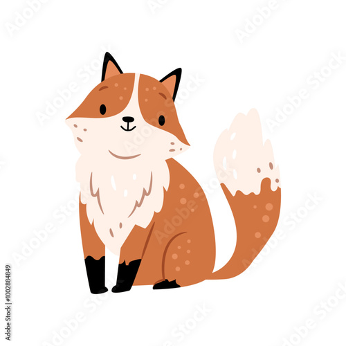 Cute forest animal, red fox funny kids book personage. Vector illustration of wild fluffy fox with foxy tail and black paws, small sly or cub in flat cartoon style