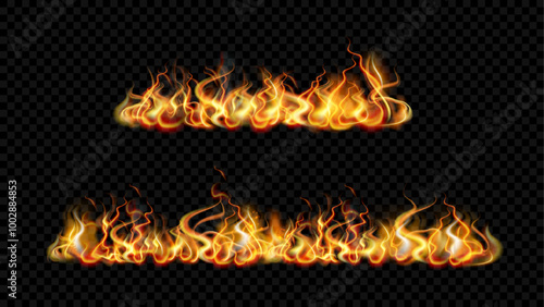 Tongues of flames, isolated burning fire straight horizontal line. Vector realistic wildfire, dangerous energy. Game or environment design, ignition and blazing force. Fiery glowing and heat