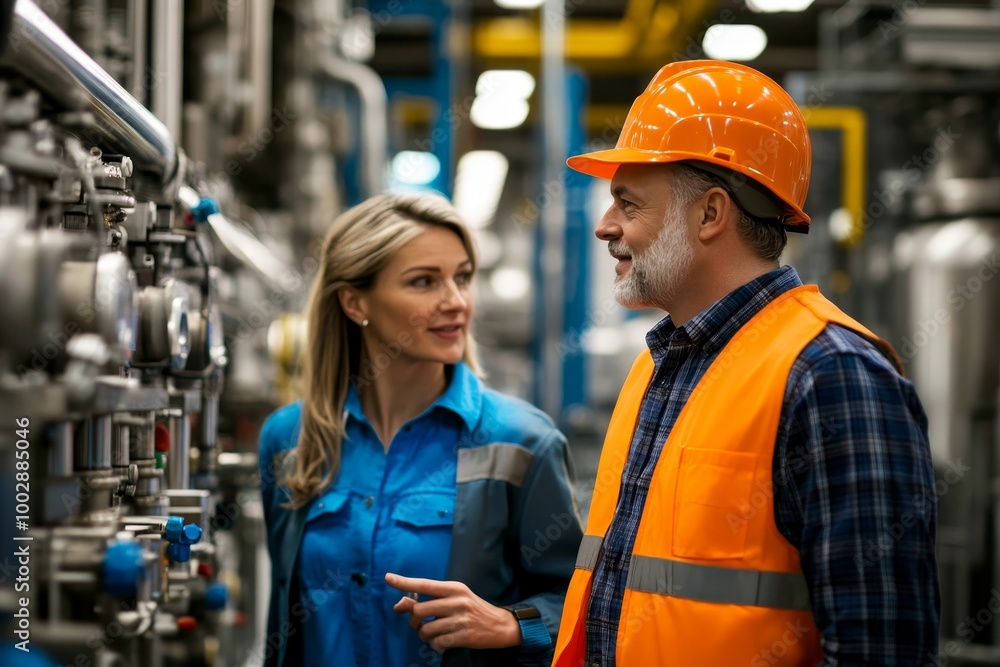 Female engineer and male production manager standing in modern industrial factory, talking about production. Manufacturing facility with robotics and, Generative AI Female engineer and male production manager standing in modern industrial factory, talking about production. Manufacturing facility with robotics and, Generative AI