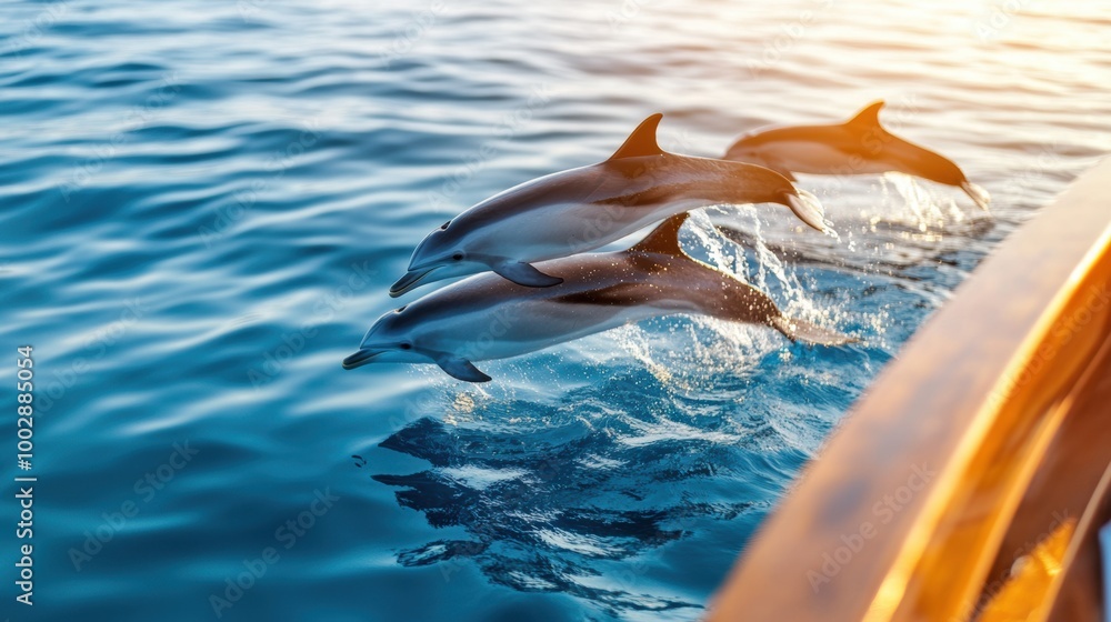 Obraz premium Dolphins Jumping Near Boat in Ocean Waters