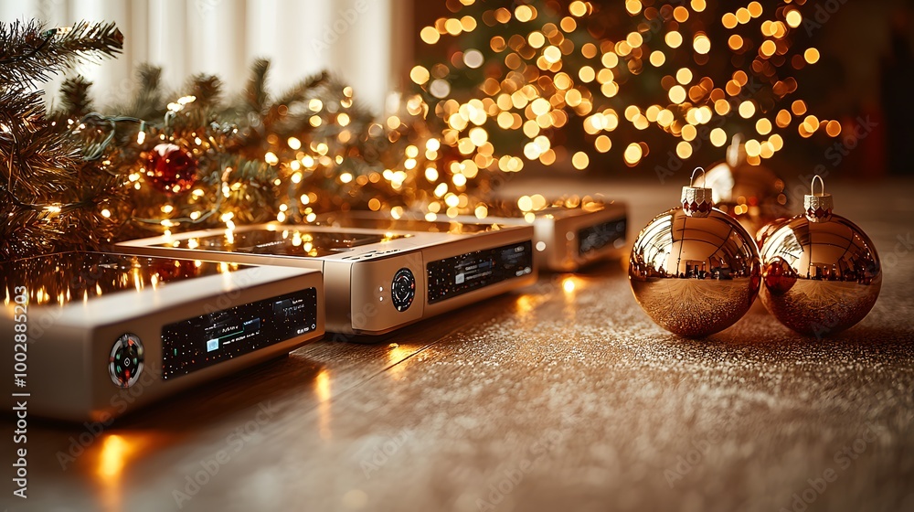 Festive Holiday Scene with Sleek Tech and Ornaments Festive Holiday Scene with Sleek Tech and Ornaments