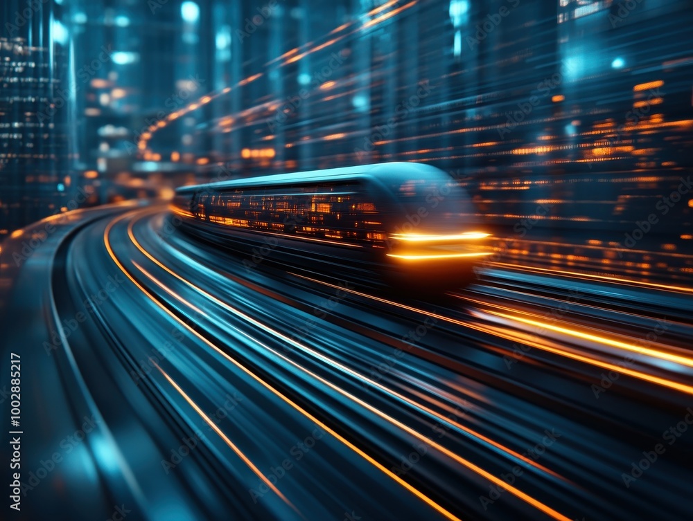 High-speed futuristic train zooming through a glowing modern cityscape at night, embodying speed, technology, and innovation. High-speed futuristic train zooming through a glowing modern cityscape at night, embodying speed, technology, and innovation.