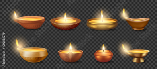 Oil lamps collection. Vector isolated traditional lantern made of clay or metal and filled with ghee and lit with cotton wick. Part of hindu religious rituals, prayers and festive occasion