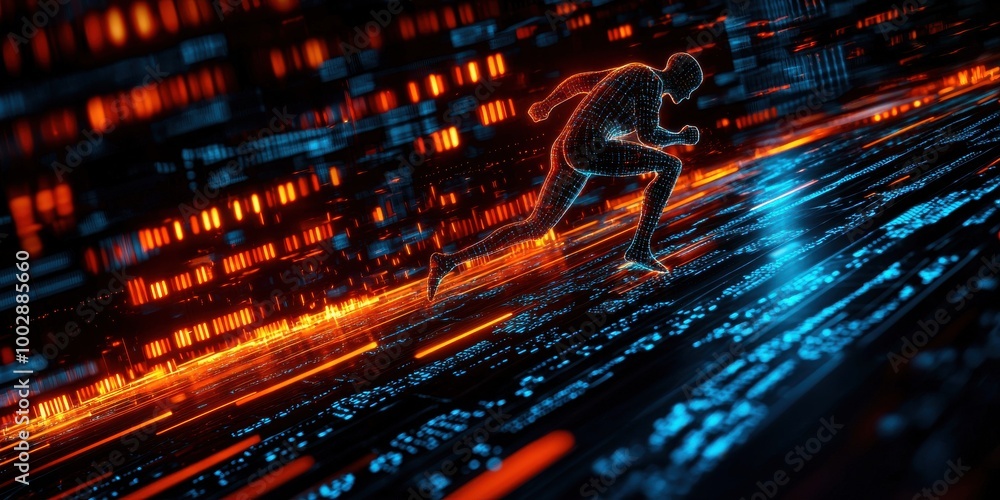 A futuristic digital representation of human sprinting through neon lights and high-tech graphical elements in a dynamic cyber environment. A futuristic digital representation of human sprinting through neon lights and high-tech graphical elements in a dynamic cyber environment.