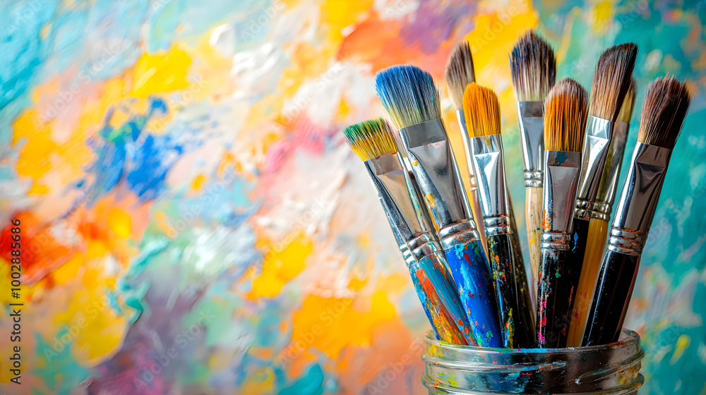 Obraz premium Colorful array of paintbrushes in jar against vibrant background