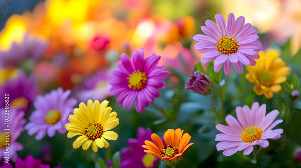 Vibrant close up of colorful flowers in garden, showcasing their beauty and diversity Vibrant close up of colorful flowers in garden, showcasing their beauty and diversity
