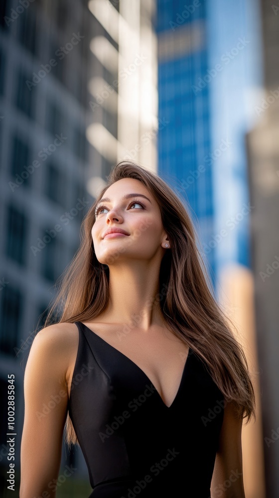 Young woman gazing upwards in an urban setting, exuding confidence and hope, surrounded by modern architecture. Young woman gazing upwards in an urban setting, exuding confidence and hope, surrounded by modern architecture.