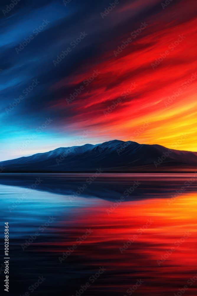 Scenic view of a lake with mountains, reflecting the sunset sky painted in orange and blue Soft, serene atmosphere, capturing the peacefulness of nature at dusk Scenic view of a lake with mountains, reflecting the sunset sky painted in orange and blue Soft, serene atmosphere, capturing the peacefulness of nature at dusk