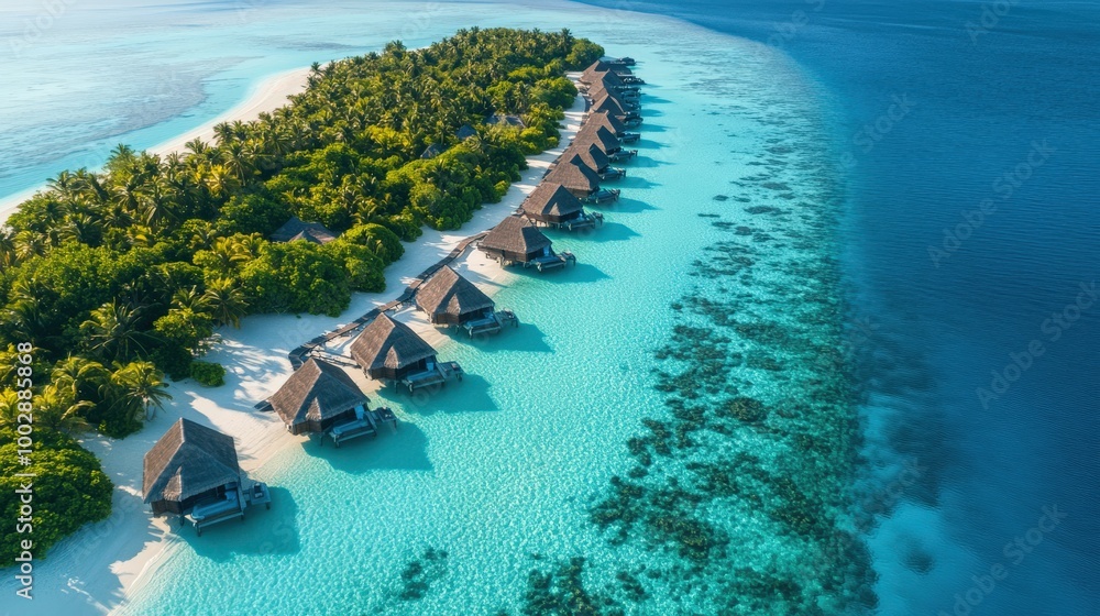 Obraz premium This breathtaking aerial perspective features elegant overwater bungalows nestled among lush greenery in the Maldives, highlighting the stunning turquoise waters and colorful corals