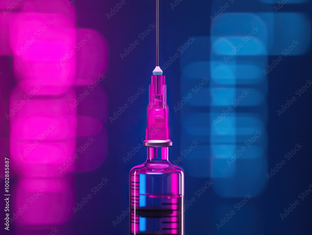 Colorful syringe emitting a bright glow against a blurred background. Ideal for themes related to health, medicine, and pharmaceuticals. Colorful syringe emitting a bright glow against a blurred background. Ideal for themes related to health, medicine, and pharmaceuticals.