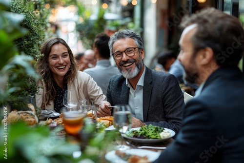 Happy business people having a lunch break outside office, Generative AI photo